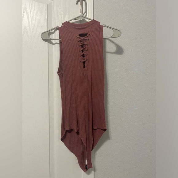 Charlotte Russe Tops - Charlotte Russe Mauve Tank Mock Neck Bodysuit Crisscross Pattern Size S